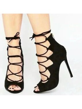 Aldo Sergioa Lace Up Stiletto Heels Peep Toe Black Micro Suede Size 7.5